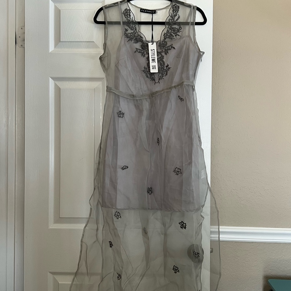 NWT Gray Embroidered Sheer Dress